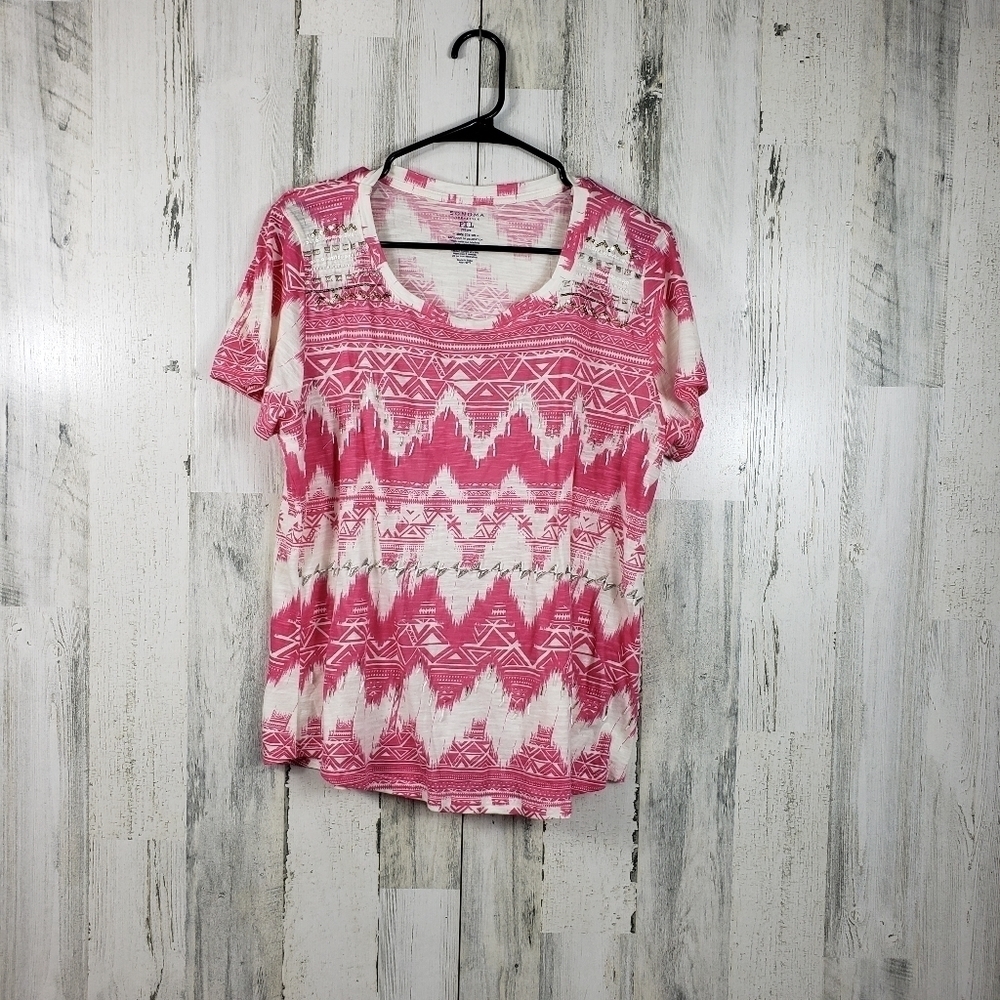 Sonoma pink and white short sleeve tshirt with beads women's size PXL
